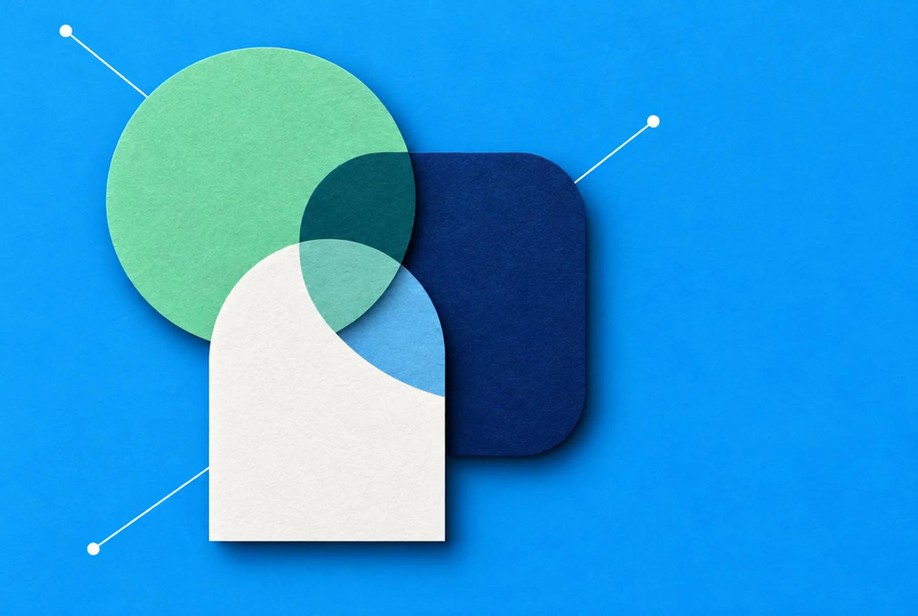 Overlapping paper-cut shapes in mint green, navy and white on a bright blue background, joined by thin lines.
