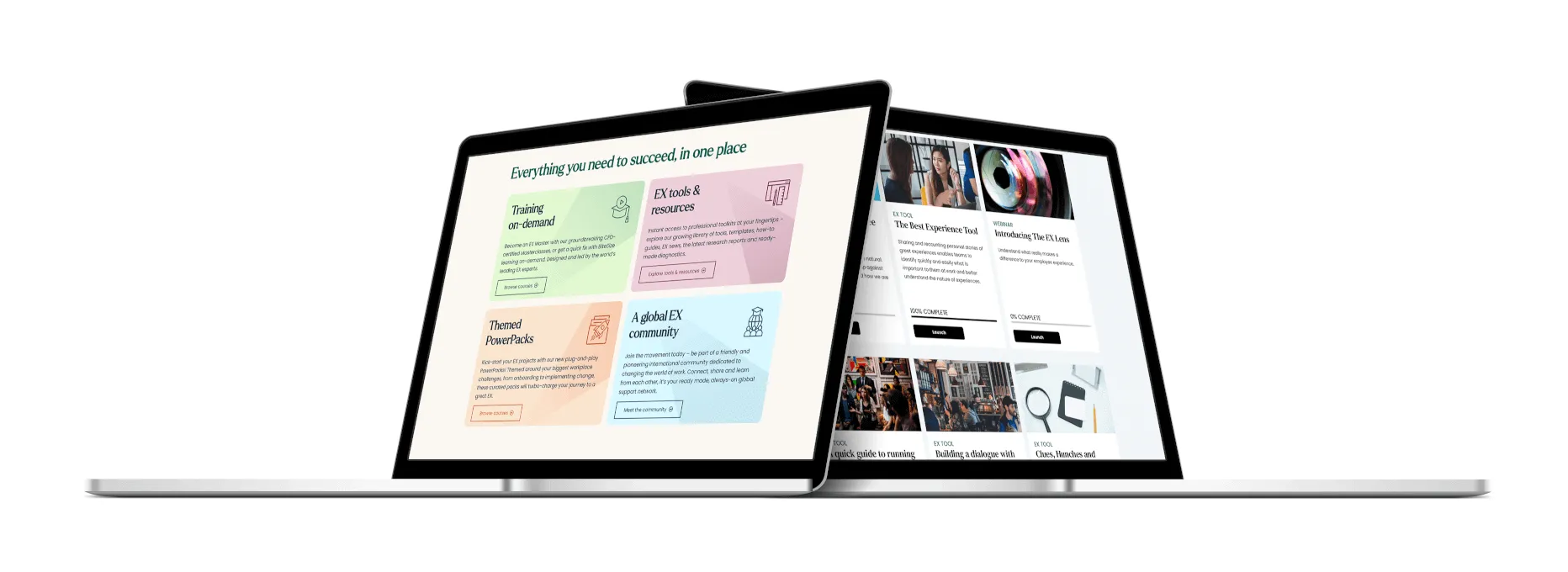 Examples of redesigned EX Space pages shown on laptops